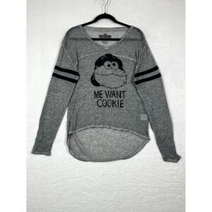 Sesame Street Womens Sheer Shirt Sz L Gray Me Want Cookie Monster Graphic Casual